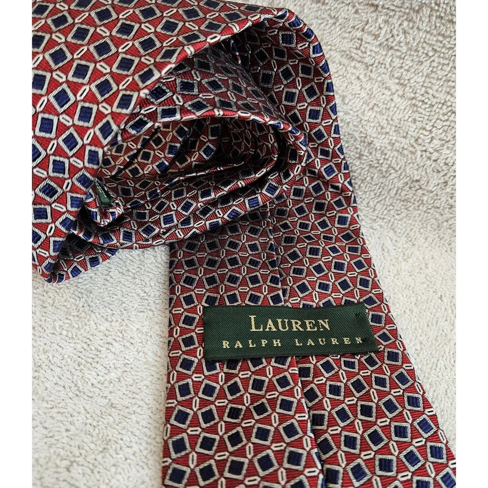 Lauren Ralph Lauren Tie Red Blue Silver Geometric LRL Green‎ Label Designer Mens